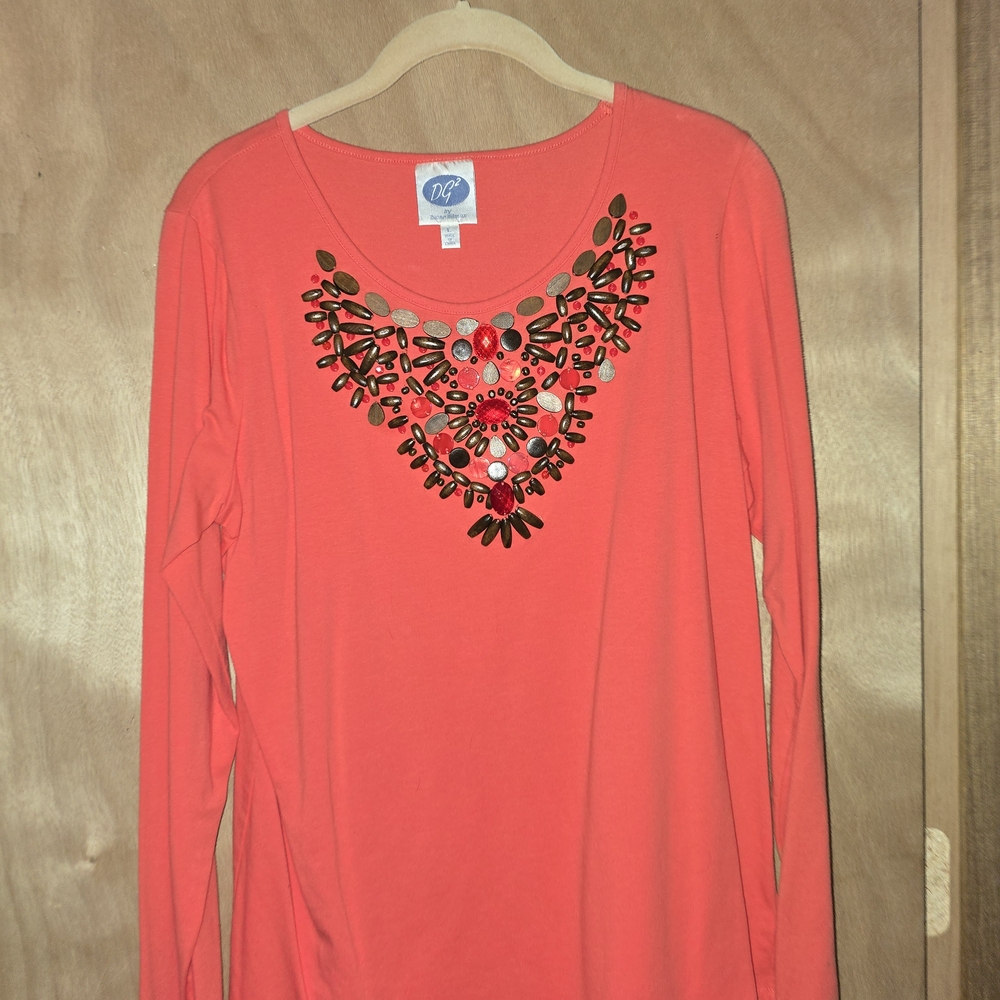Embellished Coral Long Sleeve Top